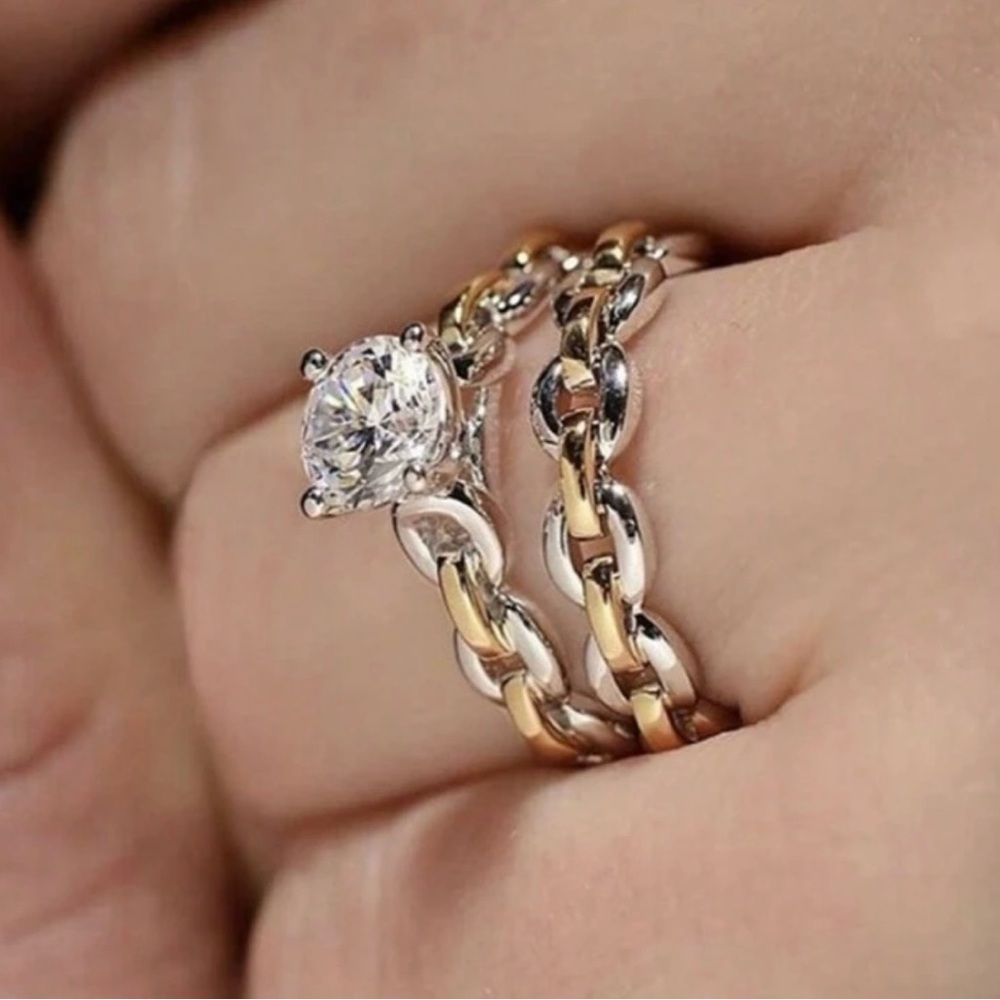 Gold and Silver Chain Ring Cubic Zirconia size 8